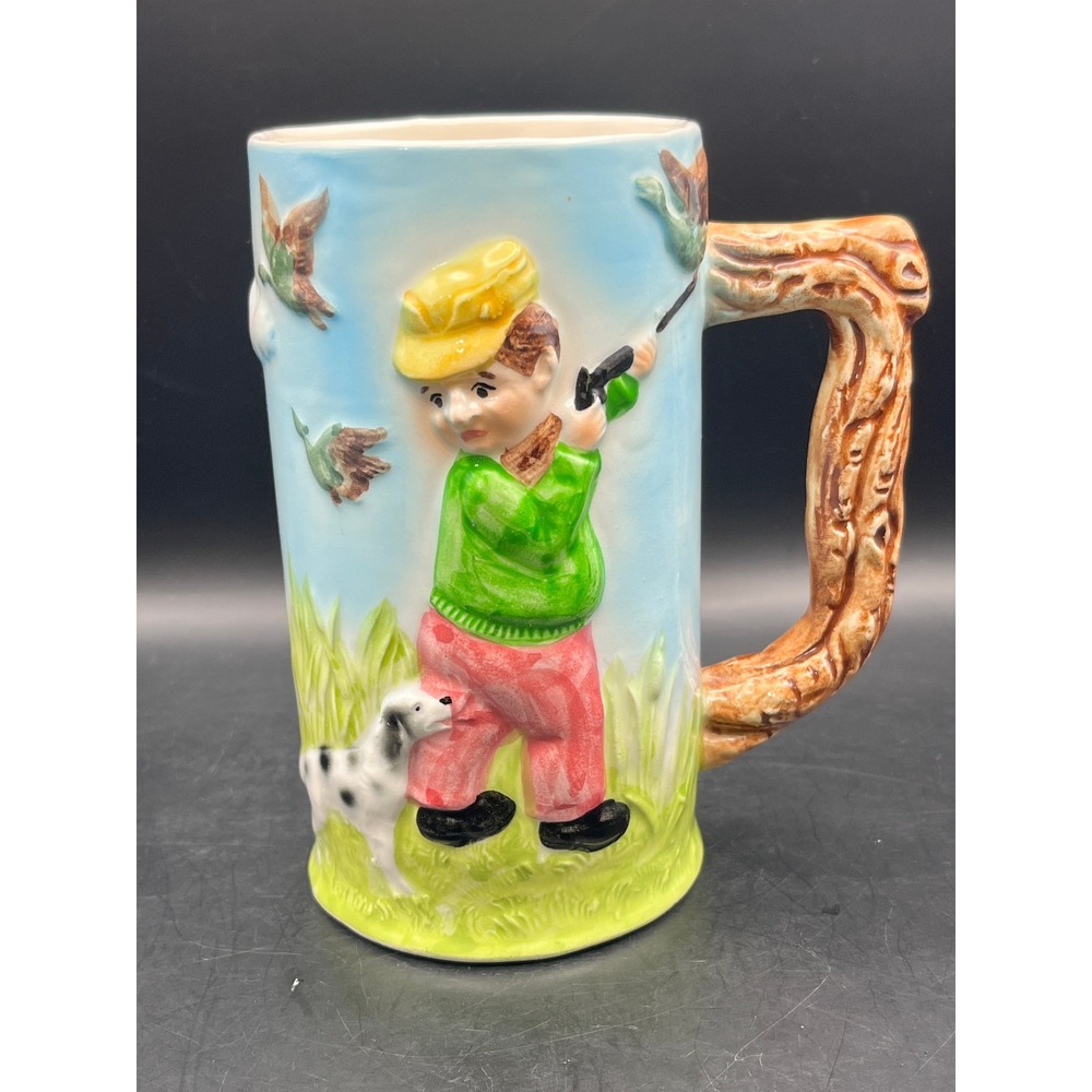 Vtg Figural Musical Beer Stein Mug Man‎ Hunting Dog Japan 6" Pop Goes the Weasel